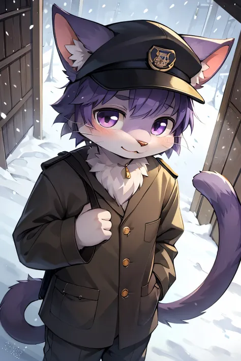 kemoshota, completely dark purple fur cat boy, whiskers, mailboy, post officer, baggy cap, naked, shoulder bag which is full of letters and mails, dynamic angle, tail, animal ears, muffler, snowing, naked