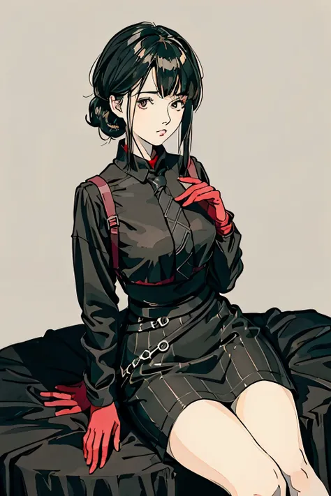 mujer estilo anime, pelo corto negro sin arreglar, victorian age, vestido negro con rojo oscuro y corbata negra, crimson eyes, m...