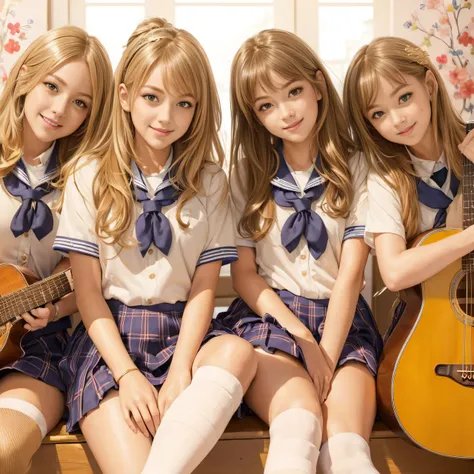 (best quality, masterpiece:1.5), (ultra-detailed, realistic:1.37),4K,(girls:1.5),japanese,cute,beautiful,(school uniform:1.3),(skirt),(high socks:1.2),(gold short hair),playing guitar,smile,listen to music