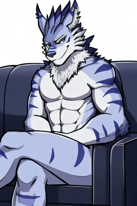 adult male, weregarurumon, solo, sitting in an couch with crossed legs, nude, naked, smirk, smug,