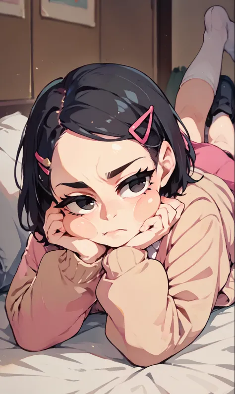 (score_9, score_8_up), score_7_up, score_6_up, score_5_up, score_4_up, Zenko, 1girl, black hair, hair ornament, hairclip, black eyes, short hair, beige cardigan, cardigan, pink dress, red ribbon, lying on bed, on stomach, elbow rest, hands on chin, looking...