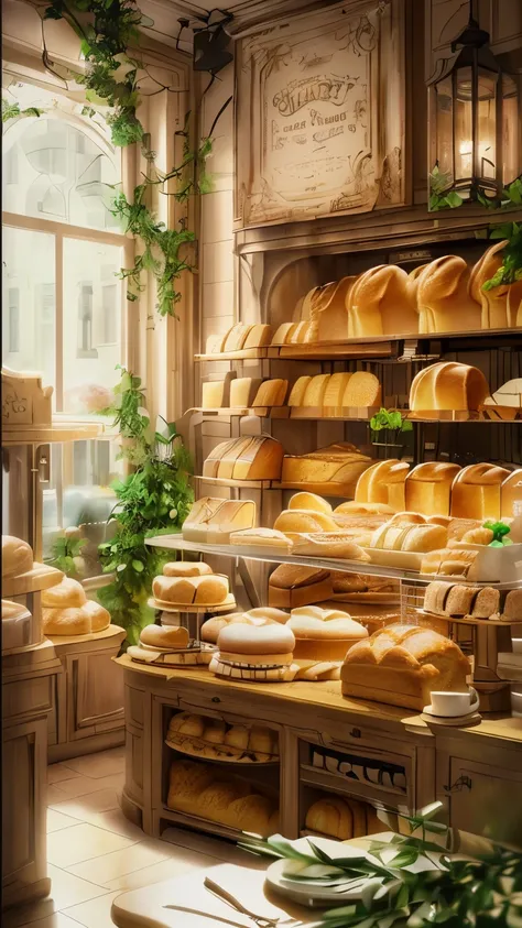 there is a picture of a bakery with bread and other foods, Hyper-realistic food pictures, bakery, 背景是新鲜的bakery, cute bakery shop, fantasy bakery interior setting, fantasy bakery, Cozy cafe background, highly realistic concept art, baking artwork,Real photo...