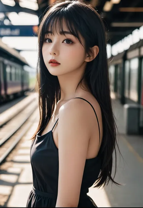 a girl,cute and pretty face,Long straight black hair,Long bangs covering eyes,long eyelashes,(Fine eyes),small eyes,(half-closed eyes),(Dark lipstick),(Dark eyeshadow),Slim body,Slender limbs,Black spaghetti strap dress,Inside an old railway station,clean ...