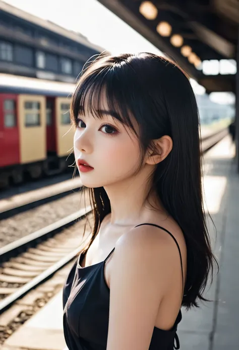 a girl,cute and pretty face,Long straight black hair,Long bangs covering eyes,long eyelashes,(Fine eyes),small eyes,(half-closed eyes),(Dark lipstick),(Dark eyeshadow),Slim body,Slender limbs,Black spaghetti strap dress,Inside an old railway station,clean ...
