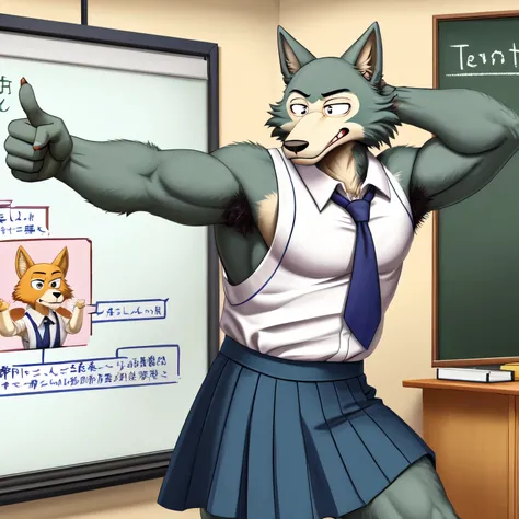 male, wolf, Legoshi, beastars, masculine, raised arm, showing armpit, hairy armpit, japanese , school outfit, white sleeveless shirt, small blue skirt, teacher, teaching, pointing at Whiteboard