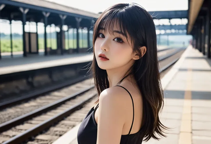 a girl，cute and pretty face，Long straight black hair，Long bangs covering eyes，long eyelashes，(Fine eyes)，small eyes，(half-closed eyes)，(Dark lipstick)，(Dark eyeshadow)，Slim body，Slender limbs，Black spaghetti strap dress，Inside an old railway station，clean ...