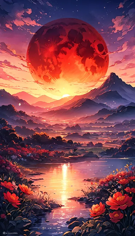 "Blood Moon Digital Watercolor Summer Landscape Sunset Illustration,  Carne Griffith, Lee Min-jae, Anna Paula Hoppe, Stylized watercolor, complicated, Complicated contrast, High resolution, sharp, Soft Cinematic Volumetric Lighting, Pastel colors like flow...