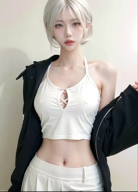 Beautiful woman with perfect figure:1.4，Ultra-high resolution，wear glasses，White background，（lifelike：1.4），Layered Hairstyle，White skin，Bikini:1.5，Super short pleated skirt，whole body，Very delicate face and skin texture，Double eyelids，Skin Whitening，short ...