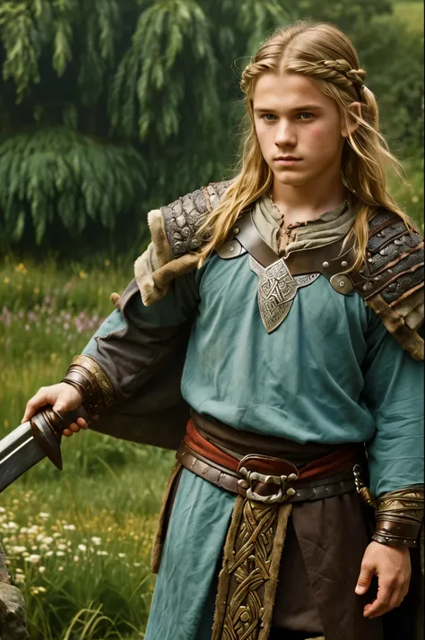 England, 878. close-up of A young ((((18-year-old)) Uhtred)), viking boy, fierce, ((((viking clothings from the 870s)))), ((blonde hairstyle of the 870s)), ((colorful, Monet))