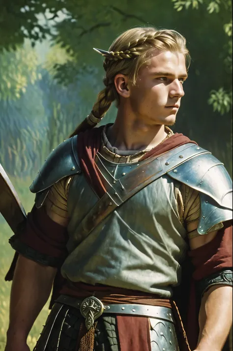 England, 878. close-up of A young ((((18-year-old)) Uhtred)), viking boy, fierce, ((((viking clothings from the 870s)))), ((blonde hairstyle of the 870s)), ((colorful, Monet))