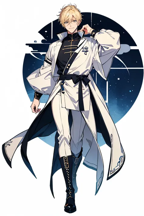 A full-body illustration of a handsome man looking at you and smiling。boots,visual kei,onii kei、Delicate Drawing、Blonde、acrylic、Thick Coating、Color Sketch、in the style of bold line,White background。A suitable background --s 70
