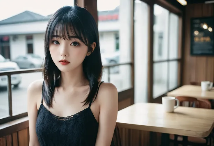 a girl，cute and pretty face，Long straight black hair，Long bangs covering eyes，long eyelashes，(Fine eyes)，small eyes，(half-closed eyes)，(Dark lipstick)，(Dark eyeshadow)，Slim body，Medium breasts，Slender limbs，Black spaghetti strap dress，Inside an old coffee ...