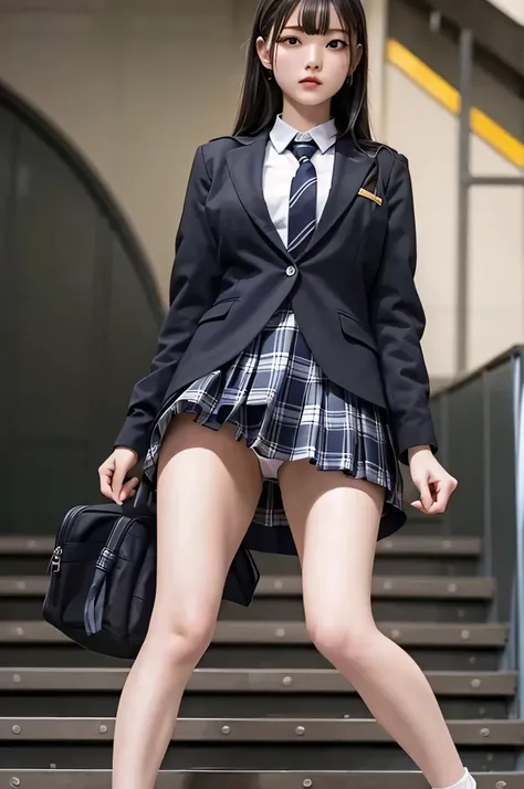 Top quality, high image, 1 woman, 18 years old, school stairs, black jacket, Medium breasts,white blouse,(plaid miniskirt), cotton panties,upskirt from below