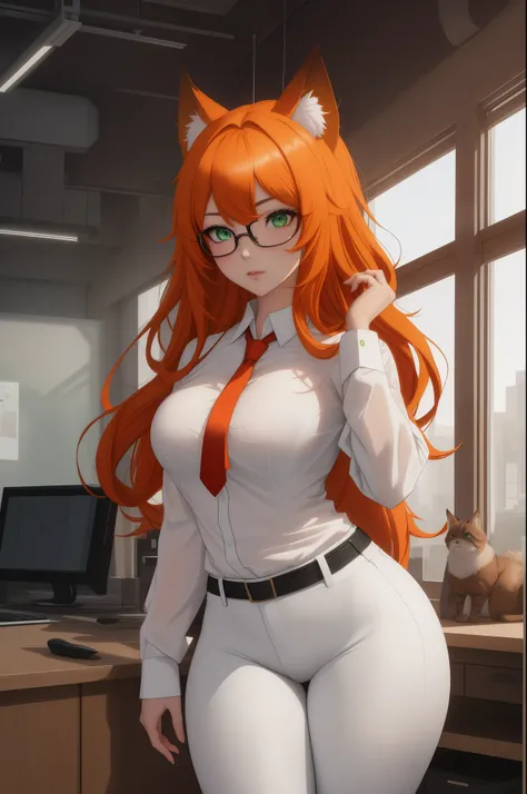 (masterpiece, Best quality), 8K, ultra detailed, realistic photo, Detailed face, perfect lighting, green eyes, bright orange hair, bright hair, fox ears, nice legs, side photo, beautiful, Cute, skin pores, 1 girl, perfect shirt, fully dressed, beautiful wo...