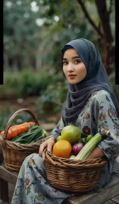 a beautiful girl, wearing hijab, sitting with a basket vegetables, hyper realistic