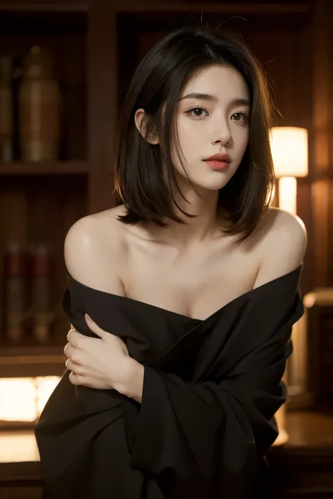 Best quality， masterpiece， Ultra-high resolution， （realistically：1.5）， RAW photos， Lovely， in the dark night， depth shadow， Low Tone， Cold Light， Sexy look,Shoulder length straight bob hair,Slim