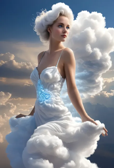 dans une soirée chic, a sublime french woman aged 25 wearing a long evening dress made of white clouds, longues jambes, cheveux ...