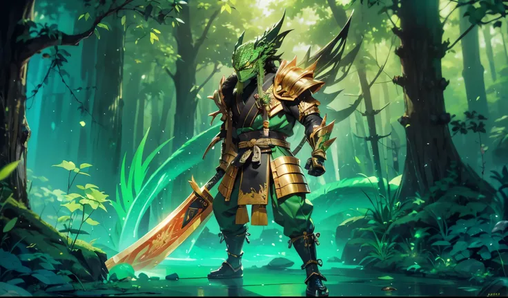 whole body，Green Lizard Man，Green Skin，Scale covering，Golden samurai armor，Japanese Samurai Style，Alligator head，Black long beard，Black long eyebrows