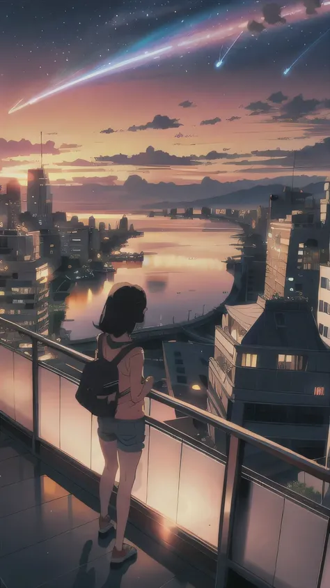 A breathtaking sunset scene features a young girl standing on a high platform, overlooking a vast cityscape. The girl, with short black hair, wears a light blue shirt, brown shorts, and flip-flops, and carries a blue backpack. She stands with her back to t...