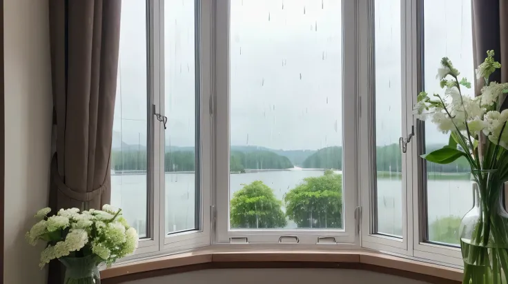 Close-up of the view from the window, the window frame size and the wiew are fixed, raining outside, there are raindrops on the window, trees can be seen outside the window, it is daytime but it is not very bright outside, a clear vase with white flowers o...