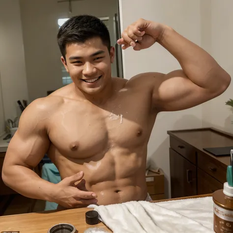 A 21-year-old Thai man with a stocky, muscular build sits in front of a dressing table. Happily, smiling a little, shirtless, wearing a towel, his left hand was gently applying powder to his face, while his right hand was holding a powder compact