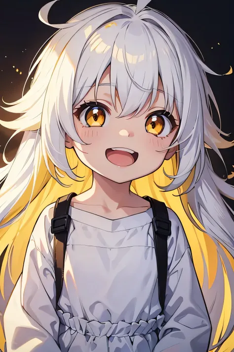 toddler, cute anime toddler, smiling, open mouth, white hair and yellow hair, long hair, messy hair, golden eyes, grabing light