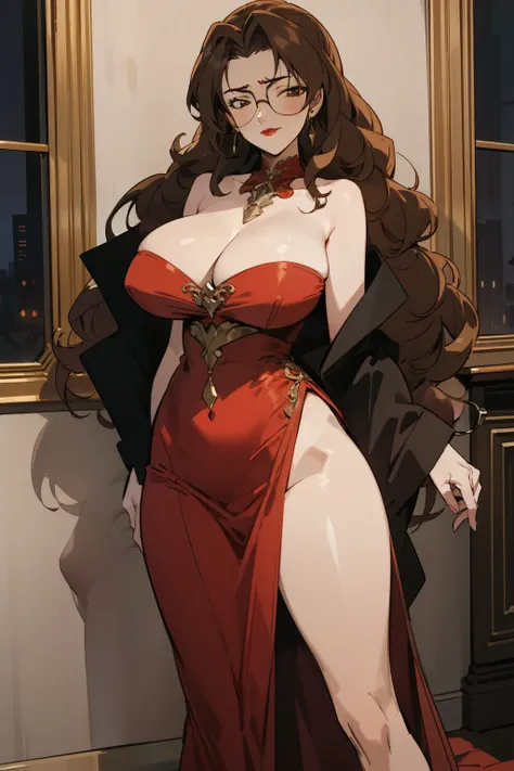 Night time,(Masterpiece), Best Quality, ultra-detailed, 1girl (eri,  Slender and sexy body, huge breasts, wide hips,   brown hair, long wave hair, brown eyes,half-closed eyes, spectacles), evil face, smirk,parted lips, mascara, full makeup, red lipstick,  ...