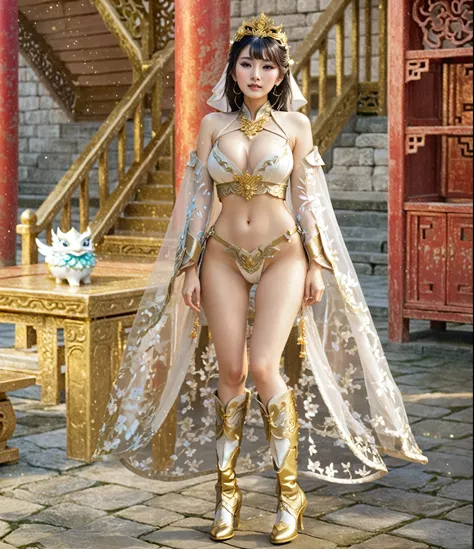 araf woman wearing golden dress and gold shoes posing in the courtyard, beautiful fantasy queen, full body fairy, japanese godde...