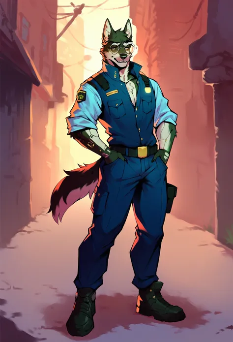 a cyberpunk-style anthropomorphic full body black wolf police officer, wearing red round glasses and cyberpunk-inspired clothing...