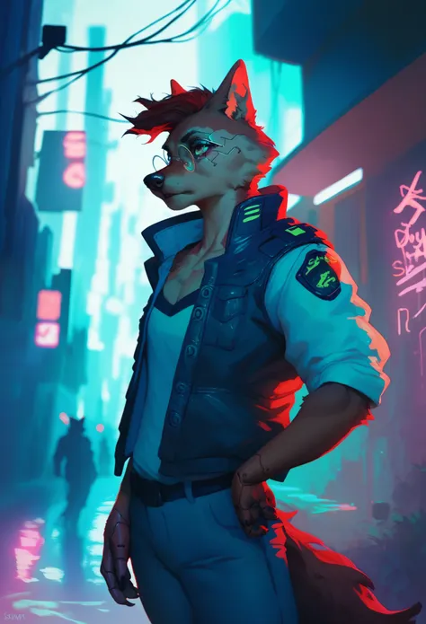 a cyberpunk-style anthropomorphic black wolf police officer, wearing red round glasses and cyberpunk-inspired clothing, standing...