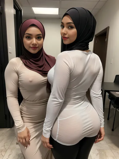 (2girls:1.2),(double exposure), back view, (full body), in an empty classroom, two gorgeous matured  teachers (stood side by side),((35 year old)), ((malay women)), curvy fit body shape, bigger ass, gluteal,busty, huge thighs, (both wore fitted white long ...