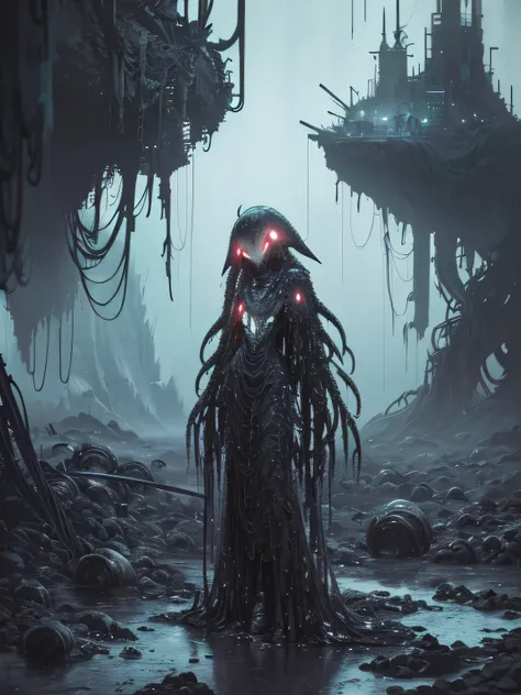 ((dark biopunk horror atmosphere tentacles)), ((beautiful girl in biopunk style)), (dark gray skin), biopunk clothing, slime-covered steel biomes, biopunk mountains, tentacles, cold lighting, abandoned landscapes, (Scorn videogame style), Horror atmosphere...