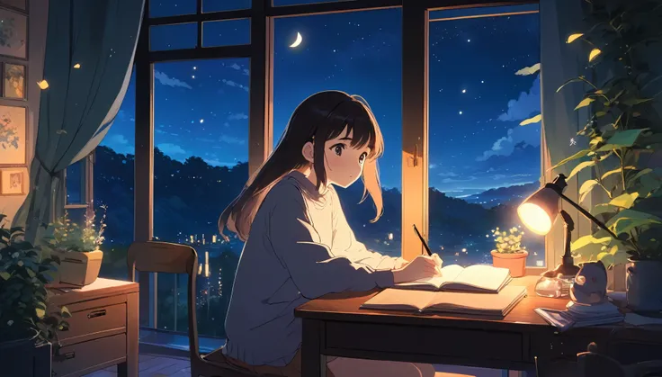Ghibli style, A girl studying alone at a desk, Night view from the room, A dreamy look outside the window, Cute girl in anime style, Relax in your room, A room filled with warm light