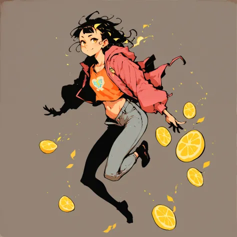 1girl, posing, micro bangs hair, style based on lemon, lemons floating in the air, score_9, score_8_up, score_7_up, score_6_up, score_5_up, score_4_up, rating_sfw, rating_acceptable, anime dark theme, low light, (Masterpiece:1.3) (best quality:1.2) (high q...