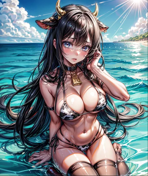 1girl, animal print, solo, animal ears, swimsuit, breasts, cow print, cow ears, horns, thighhighs, cow horns, long hair, kneeling, navel, fake horns, looking at viewer, hands on own thighs, fake animal ears, bangs, cow girl, bikini, lips, underboob, nose, ...