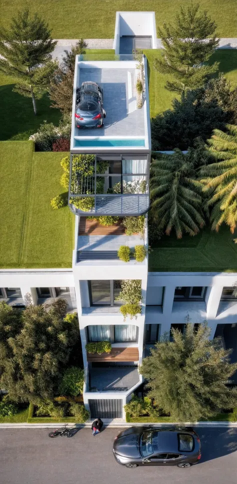 villa moderne, (style moderne:1.2), exterior design, vue de perspective, (block sidewalks and asphalt roads), (la maison du voisin d&#39;Beside), (jour light sky background), Arbres bas autour de la maison, atmosphère globalement paisible photo cinématogra...