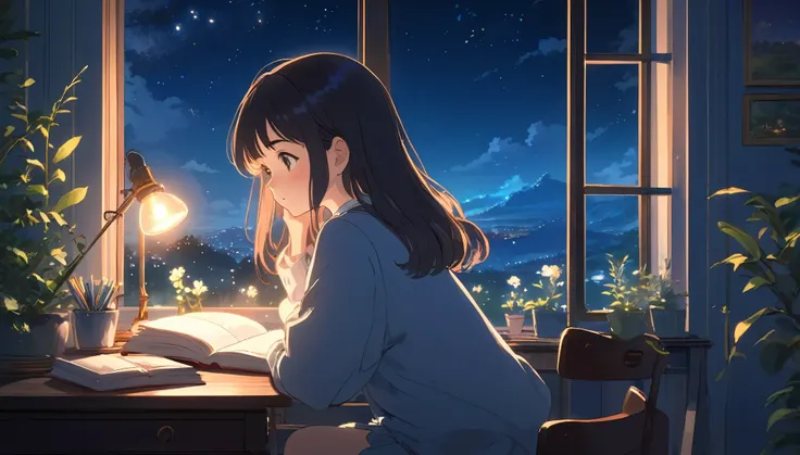 Ghibli style, A girl studying alone at a desk,Beauty, Night view from the room, A dreamy look outside the window, Cute girl in anime style, Relax in your room, A room filled with warm light