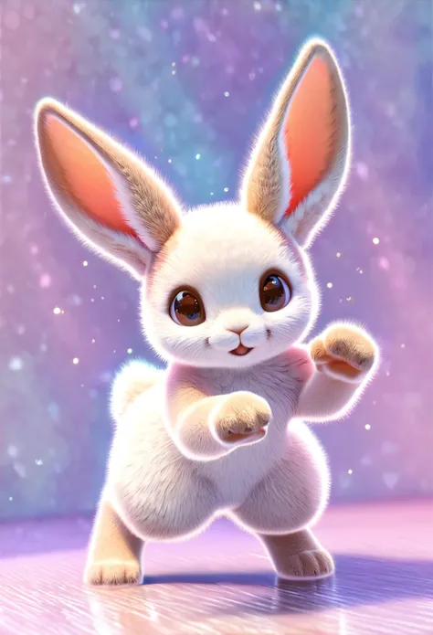 best quality, super fine, extremely detailed, 2.5D, delicate and dynamic, cute fluffy white and brown rabbit  standing, claw pose, paw pose, sparkly pastel color effect background