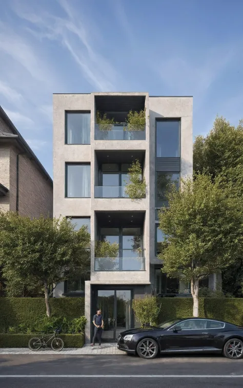 villa moderne, (style moderne:1.2), exterior design, vue de perspective, (block sidewalks and asphalt roads), (la maison du voisin d'Beside), (jour light sky background), Arbres bas autour de la maison, atmosphère globalement paisible photo cinématogra...