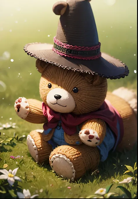 Knitted toy bear, Small anthropomorphic animals, Wearing a 17th century hat and antique clothing, Macro photography in the midst of lush grass, Dewdrops reflecting the surrounding environment, Very elaborate toy, I can see all the yarn in the toy., I can s...