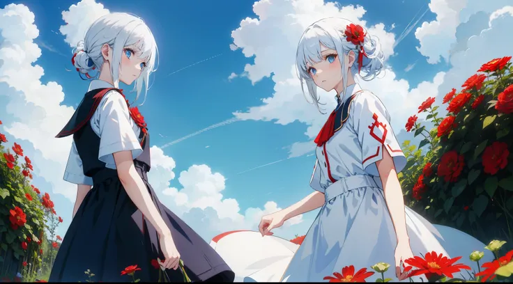 Red flower garden，White Hair Girl，Blue colored eyes，White clothes，Dark blue sky，cloud