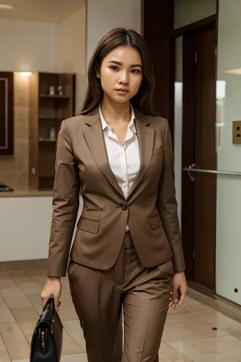 women wear light brown suit, look smart ,Welcome Thai style