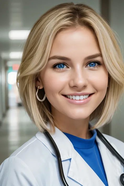 Beautiful young woman、 White women、Blonde、Wavy Hair、short hair、blue eyes、ear piercing、White、Stethoscope、smile, （Emphasis on teeth）、Beautiful teeth alignment、Intricate details, Very detailed:1.2), 、 Looking into the camera,The background is a hospital corri...