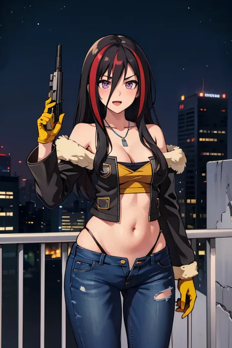 (masterpiece, best quality:1.2) (1girl, solo, beautiful detailed girl), 
mysterygirl, black hair, streaked hair, red hair, long hair, purple eyes, medium breasts,
dog tags, blush, lipstick, fur trim, mature female, gloves, fur-trimmed coat, outdoors, rooft...