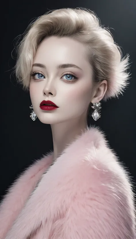 Minimalistic portrait of a beautiful woman with red lips and cold big eyes wearing earrings, a light pink fur coat in a haute couture style isolated on a dark background, cinematic lighting, ultra-realistic, shot in the style of hasselblad x2d + pishington...