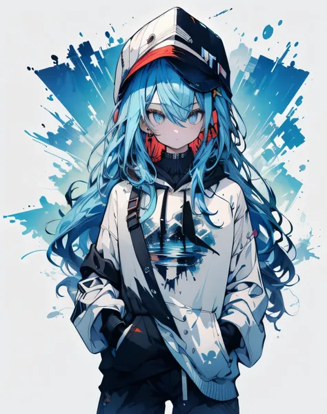 masterpiece,1 Girl,Solitary,Long hair,Blue Hair,hoodie,Off-shoulder:1.2, Thug Hat, street,Hands on Hips, Hands in pockets,