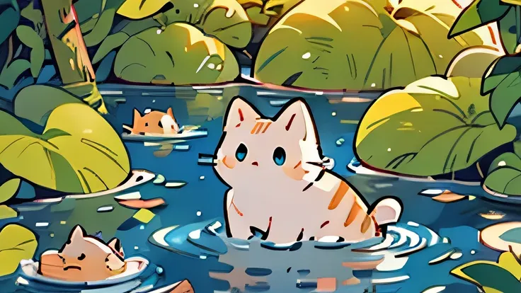 Cat looking at the pond,Legend of Zelda style, (Highest quality,4K,8k,High resolution,masterpiece:1.2),Super detailed,(Realist,photo Realist,photo Realist:1.37),Detailed eyes,Detailed lips, (a cat:0.1),(Highest quality,4K,8k,High resolution),Pixel art, pix...