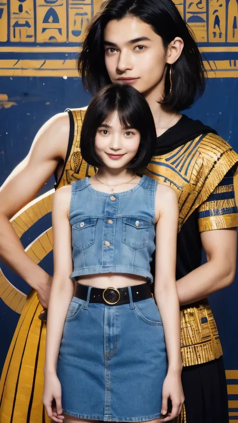 245 Inside the mural２people々々々々々々々々(An 18-year-old female and an 18-year-old male), short hair,kind, lipstick, Egyptian civilization, Waist belt, Hieroglyphics, smile