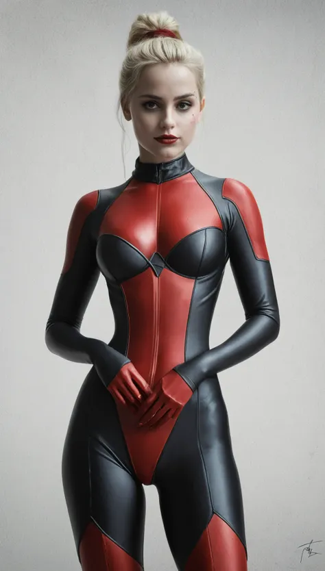 harley quinn, wearing a black and red morph suit, hourglass figure, f /2.8, cinematic, high quality, skin texture, looking at th...