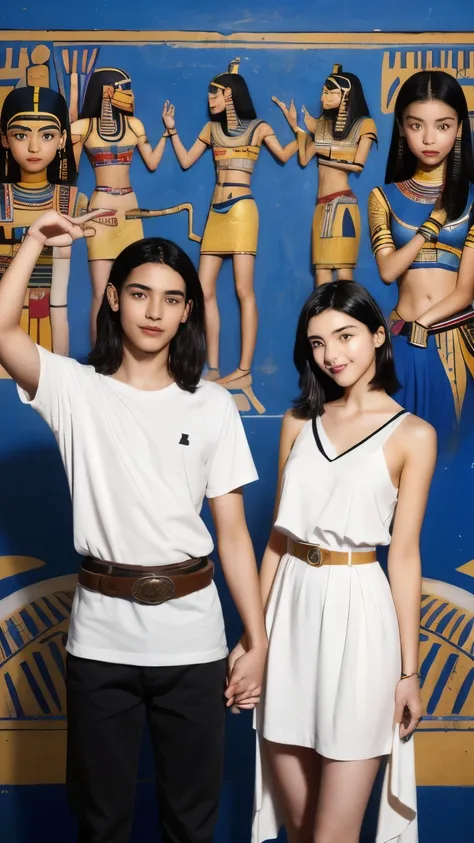 245 Inside the mural２people々々々々々々々々(An 18-year-old female and an 18-year-old male), short hair,kind, lipstick, Egyptian civilization, Waist belt, Hieroglyphics, smile